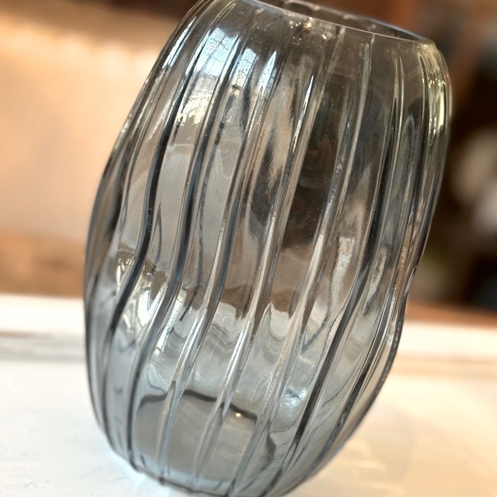 Unique Modern Pinched Glass Blue Vase. Vertical Stripe |  8” Tall | Contemporary